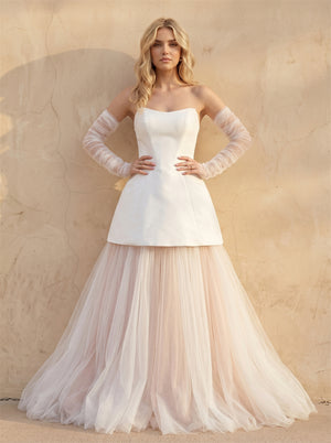Strapless Two Tier Satin Tulle Wedding Dress Detachable Sheer Long Sleeve Romantic Blush Layered Bridal Dress