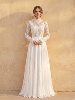 High Neck Long Sleeve Floral Lace Chiffon A Line Wedding Dress Sheer Button Back Modest Flowy Bridal Dress