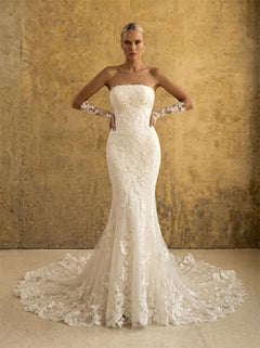 Strapless Floral Lace Mermaid Wedding Dress Detachable Long Lace Gloves Sheer Illusion Low Back Pearl Button Scalloped Train Luxury Bridal Dress