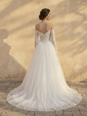 Off Shoulder Long Sleeve Lace Corset Tulle Ball Gown Wedding Dress Beaded Sweetheart Lace Up Back Romantic Bridal Dress
