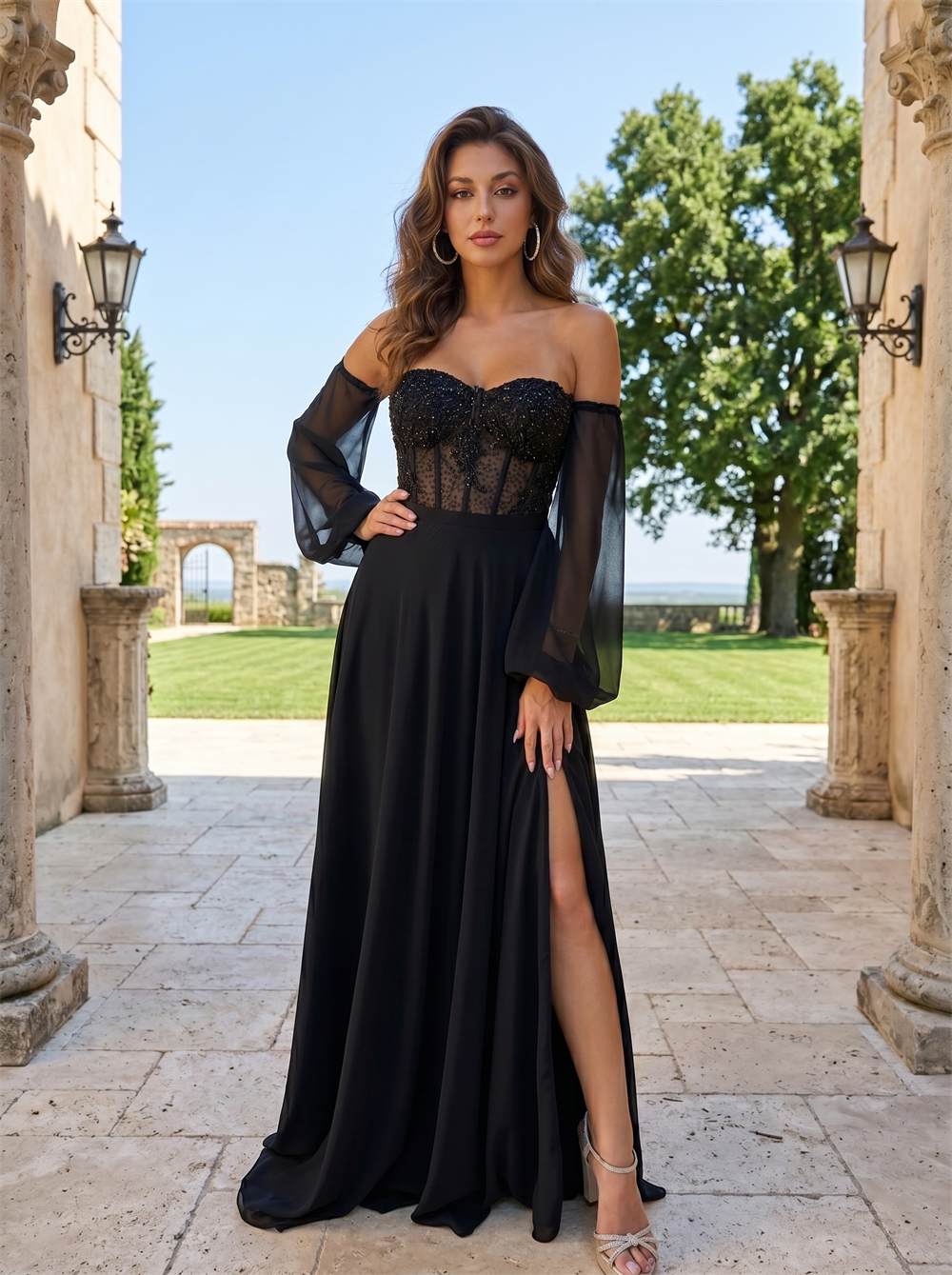 Beaded Chiffon Formal Gown with Sheer Off Shoulder Long Sleeves Evening Dress High Slit Prom Dress