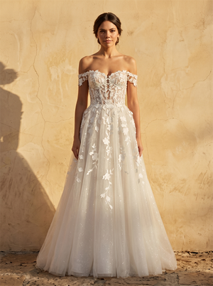 Off Shoulder Sweetheart Floral Lace Sparkle Tulle A Line Wedding Dress Sheer Button Back Floor Length Bridal Dress