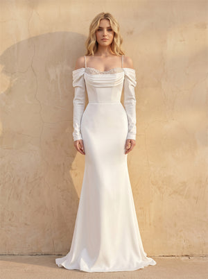 Off Shoulder Draped Beaded Spaghetti Strap Long Sleeve Satin Mermaid Wedding Dress Fitted Elegant Bridal Dress