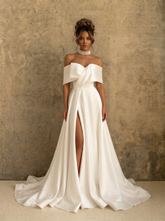 Off Shoulder Fold Collar Satin Wedding Dress Front High Slit Elegant A Line Long Train Minimalist Bridal Dress