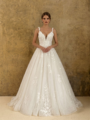 Plunging V Neck 3D Floral Lace Glitter Tulle Ball Gown Wedding Dress Deep V Low Back Button Closure Princess Bridal Dress