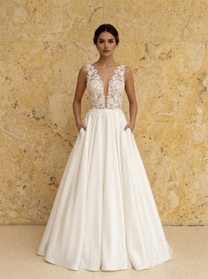 Plunge V Neck Lace Bodice Satin A Line Wedding Dress Sheer Illusion Low Back Pearl Buttons With Side Pockets Elegant Bridal Dress