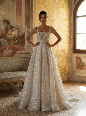 Square Neck Spaghetti Strap Full Sequin Ball Gown Wedding Dress Deep Low Open Back Sparkly Glitter A Line Long Train Luxury Bridal Dress