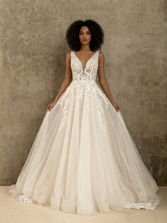 Deep V Neck Sleeveless 3D Leaf Lace Glitter Tulle A Line Wedding Dress Deep V Low Back Romantic Voluminous Long Train Bridal Dress