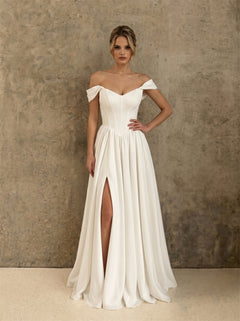 Off Shoulder Sweetheart Corset Satin Wedding Dress High Leg Slit Lace Up Back Flowy A Line Minimalist Elegant Bridal Dress