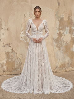 Deep V Long Puff Sleeve Leaf Lace A-Line Wedding Dress With Detachable Jacket Cathedral Train
