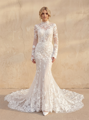 High Neck Long Sleeve Full Floral Lace Mermaid Wedding Dress