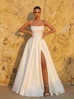 Strapless Pleated Corset Satin A Line Wedding Dress Sheer Mesh Back High Side Slit Chapel Train Bridal Dress