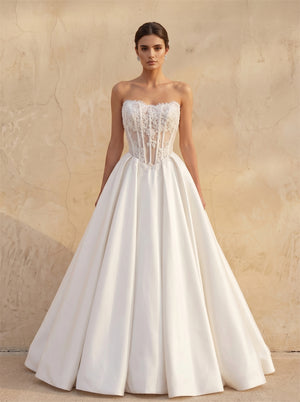 Strapless Sweetheart Sheer Corset Lace Satin Ball Gown Wedding Dress Classic Voluminous A Line Bridal Dress