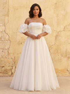 Strapless Beaded Bodice Detachable Puff Off Shoulder Sleeve Organza A Line Wedding Dress Back Pearl Button Romantic Voluminous Bridal Dress