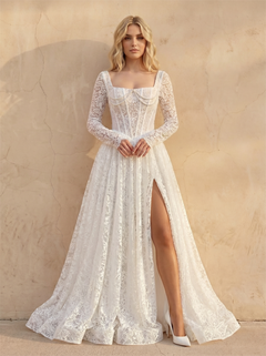 Square Neck Long Sleeve Lace Corset A Line Wedding Dress High Side Slit Lace Up Back Chapel Train Bridal Dress