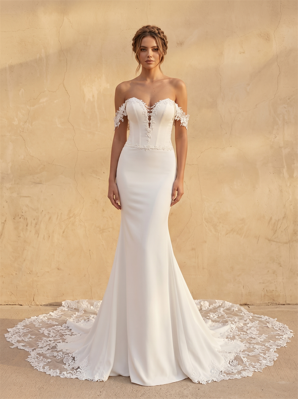 Off Shoulder Floral Lace Satin Mermaid Wedding Dress Sheer Low Back Lace Appliqué Cathedral Train Bridal Dress