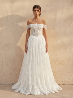 Off Shoulder Sheer Corset Lace A-Line Wedding Dress With Short Flutter Sleeves Floor Length Chapel Train Bridal Dress