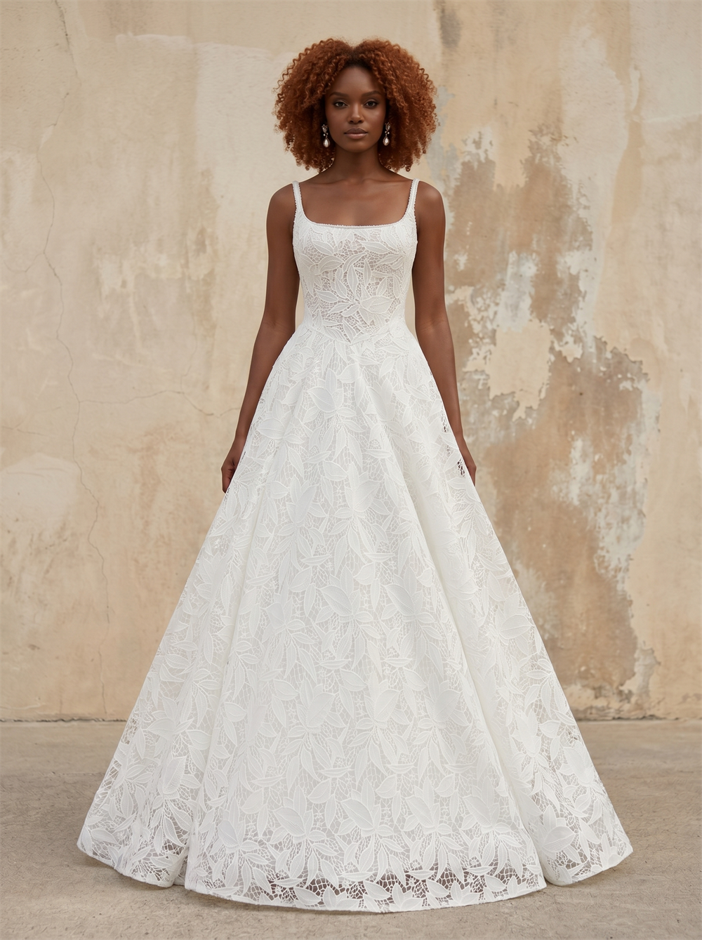 Square Neck Spaghetti Strap Leaf Lace Ball Gown Wedding Dress with Full A-Line Skirt