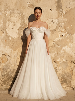 Off Shoulder 3D Floral Puff Sleeve Pleated Tulle A-Line Wedding Dress