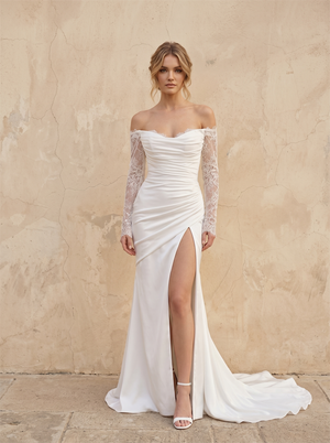 Off Shoulder Lace Long Sleeve Satin Mermaid Wedding Dress With High Slit