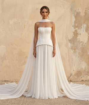 Strapless Structured Corset Chiffon Wedding Dress With Flowing Cape Train