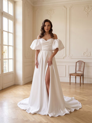 Off-The-Shoulder Puff Sleeve Satin Wedding Dress Sweetheart Lace Neck Beaded Belt High Slit Formal Bridal Dress