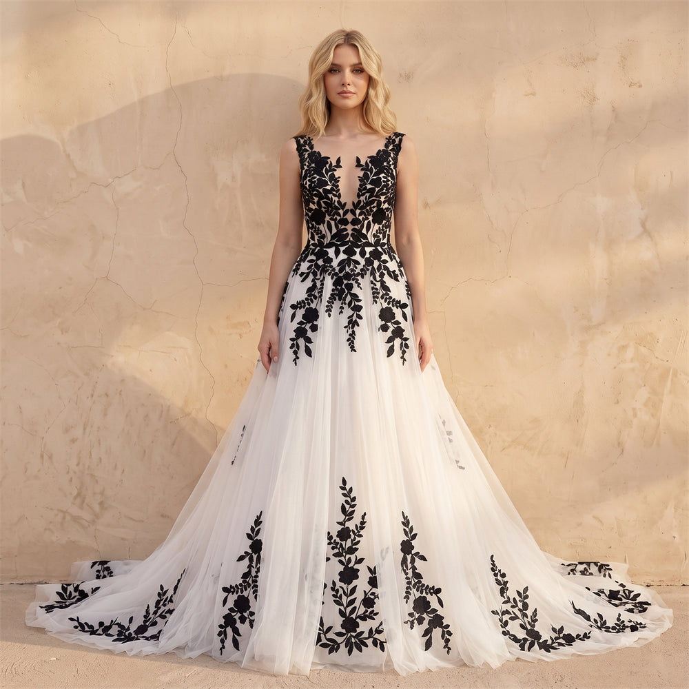 Sleeveless Deep V Neck Black Floral Lace A Line Wedding Dress Heart Cutout Low Back White Tulle Chapel Train Gothic Bridal Dress