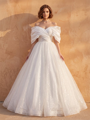 Off-The-Shoulder Ruched Puff Sleeve Sparkly Tulle Wedding Dress Lace Up Corset Back Princess Formal Bridal Dress