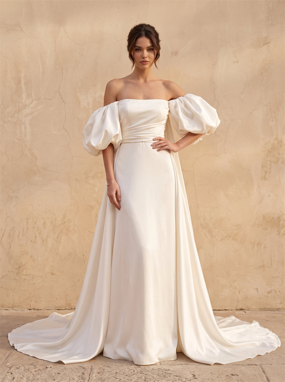 Off-The-Shoulder Puff Sleeve Satin Wedding Dress, Plain Fitted Mermaid Low Back Button Formal Bridal Dress