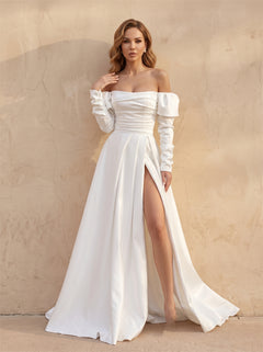 Off-The-Shoulder Puff Cuff Long Sleeve Satin Wedding Dress High Leg Slit Corset Back Elegant Formal Bridal Dress