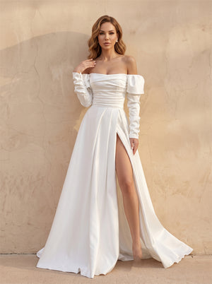 Off-The-Shoulder Puff Cuff Long Sleeve Satin Wedding Dress High Leg Slit Corset Back Elegant Formal Bridal Dress