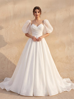 Off Shoulder Puff Organza Sleeve Satin Wedding Dress Wrap Ruched Bodice Corset Back Voluminous Formal Bridal Dress
