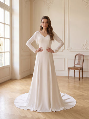 Long Sleeve Fringe Beaded Shoulder Satin Wedding Dress Plunge V Front And Back Classic Formal Bridal Dress