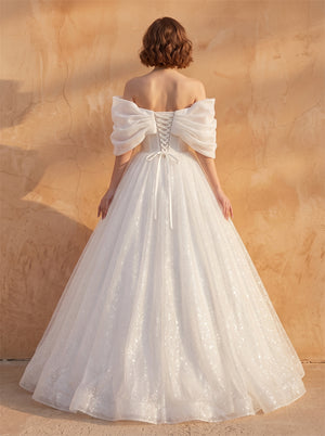 Off-The-Shoulder Ruched Puff Sleeve Sparkly Tulle Wedding Dress Lace Up Corset Back Princess Formal Bridal Dress