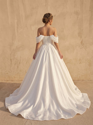 Off-The-Shoulder Pleated Satin Wedding Dress Sweetheart Neck Corset Back Voluminous Ballgown Formal Bridal Dress