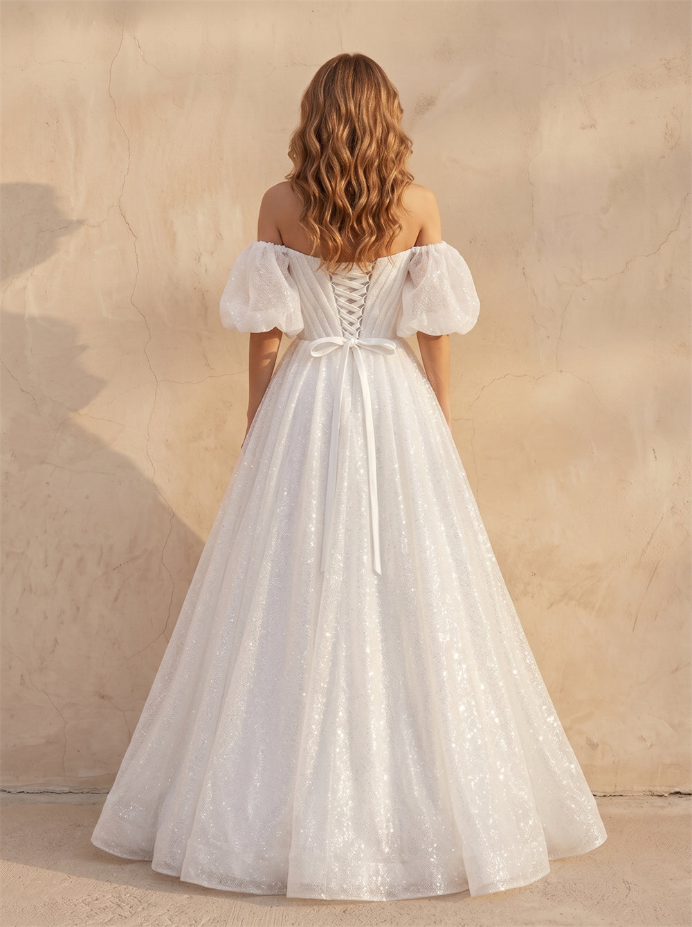 Off-The-Shoulder Short Puff Sleeve Sparkly Tulle Wedding Dress V Neck Corset Back Voluminous Formal Bridal Dress