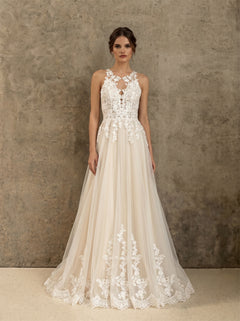 Halter Neck Lace Tulle Wedding Dress Sleeveless Low Back Floral Applique A Line Formal Bridal Dress