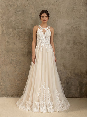 Halter Neck Lace Tulle Wedding Dress Sleeveless Low Back Floral Applique A Line Formal Bridal Dress