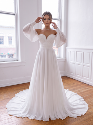 Off The Shoulder Puff Long Sleeve Chiffon Wedding Dress Sweetheart Pleated Bodice Lace Up Back Flowy A Line Bridal Gown