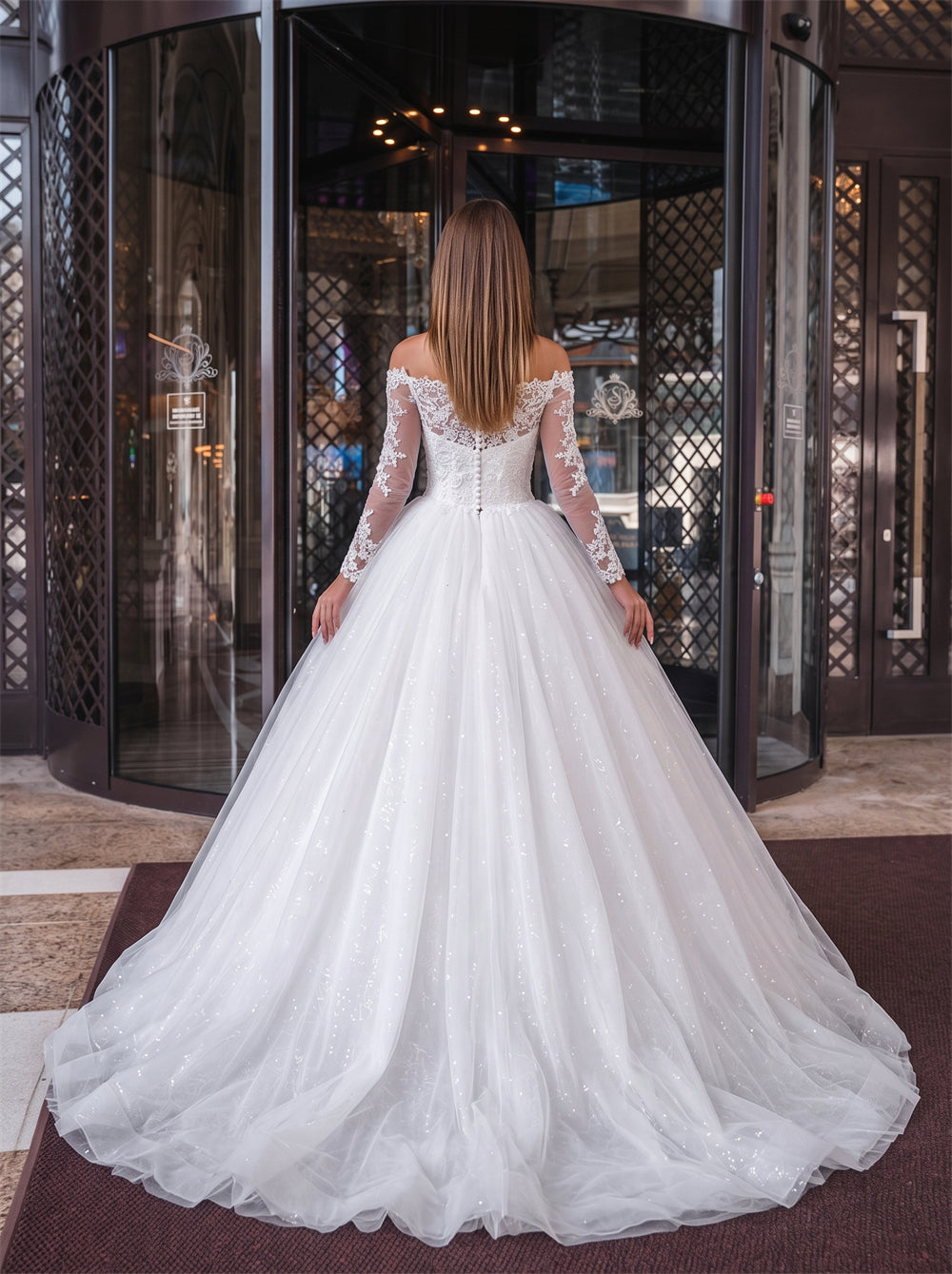 Off Shoulder Long Lace Sleeve Pearl Button Glitter Ball Gown Wedding Dress Bridal Dress