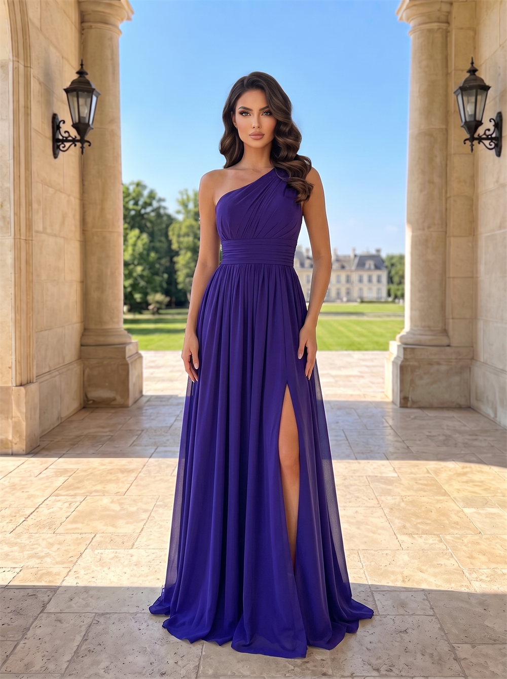 One Shoulder Chiffon Bridesmaid Dress Lace-Up Corset Back High Slit Floor Length Formal Wedding Guest Evening Gown Purple
