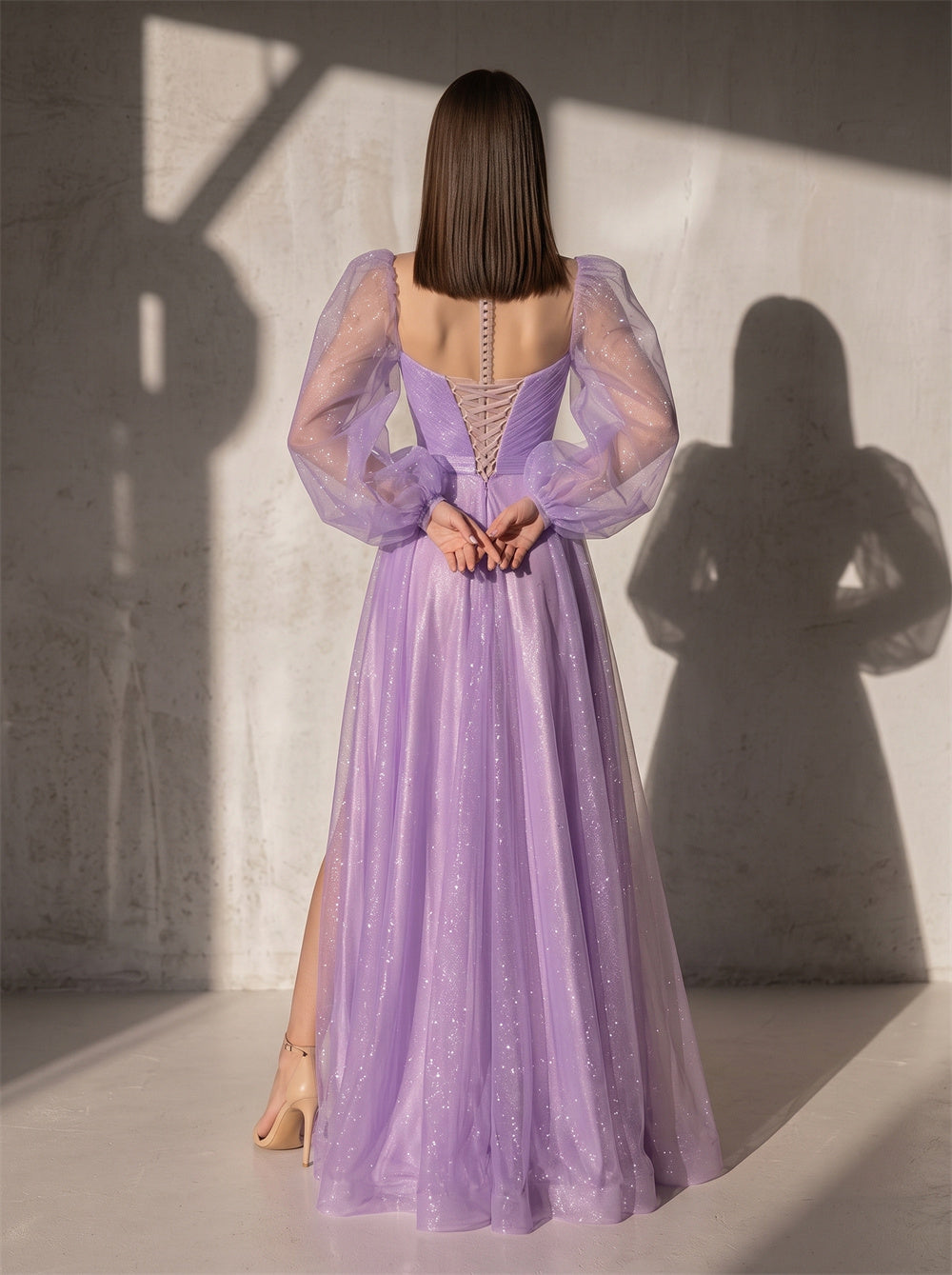 Off Shoulder Puff Sleeve Lace Up Back High Slit Glitter Tulle Prom Dress Evening Dress
