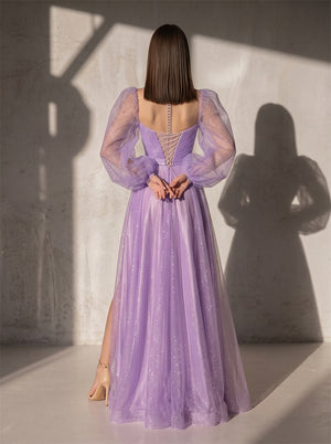 Off Shoulder Puff Sleeve Lace Up Back High Slit Glitter Tulle Prom Dress Evening Dress