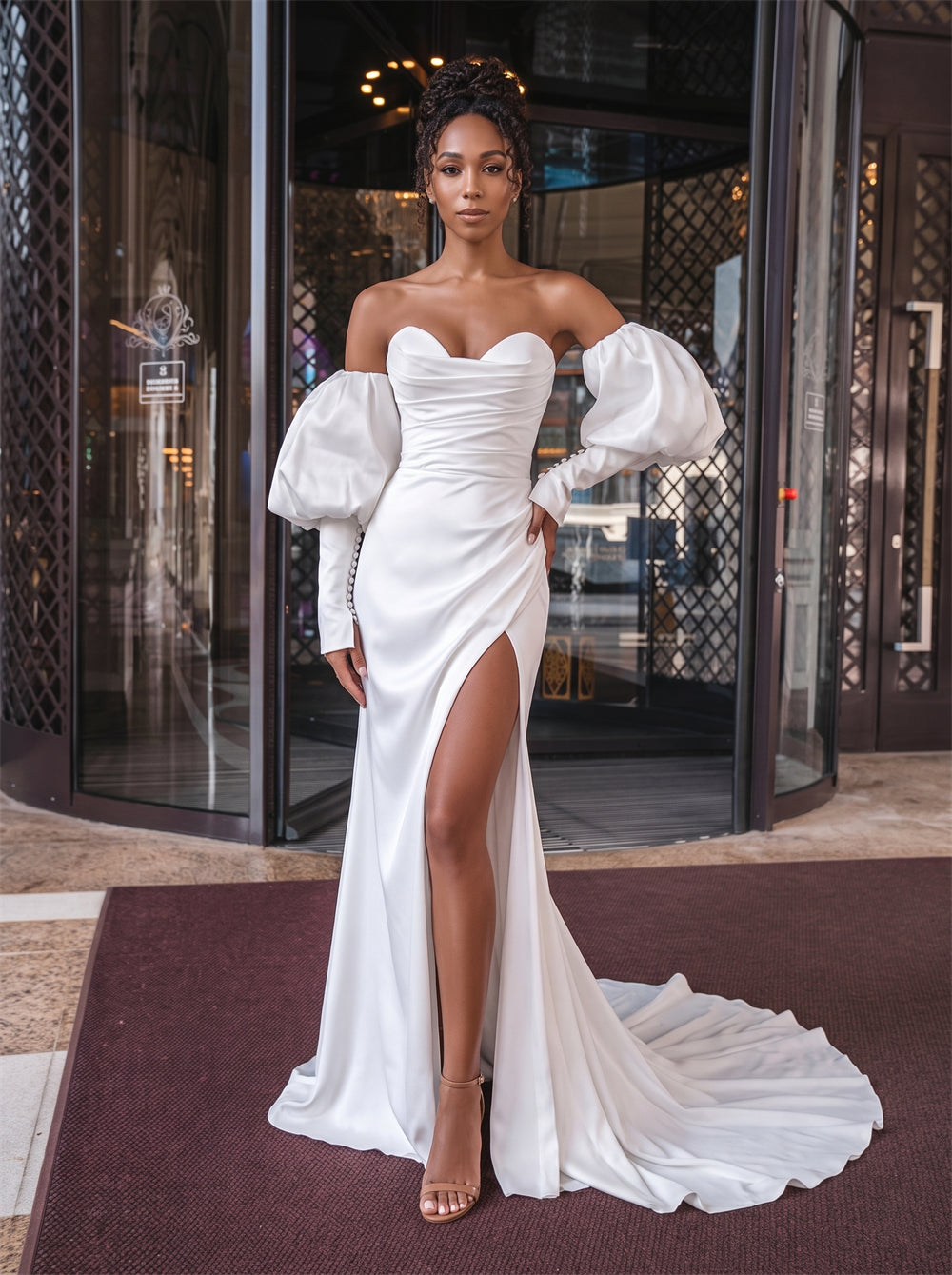 Off-The-Shoulder Puff Sleeve White Satin Wedding Dress Sweetheart Ruched High Slit Mermaid Elegant Bridal Dress
