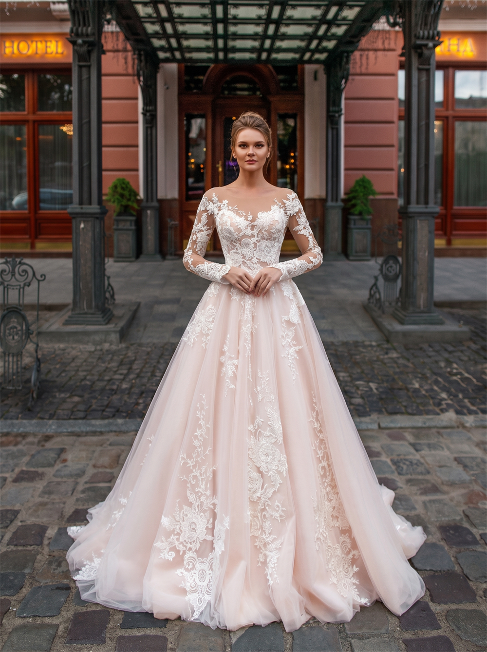 Illusion Round Neck Long Sleeve Floral Lace Blush Tulle A Line Wedding Dress Sheer Low Back Pearl Button Bridal Gown