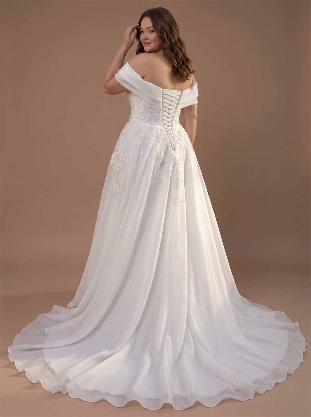 Off Shoulder Organza Prom Dress Lace Applique A Line Long Train Plus Size Formal Evening Gown