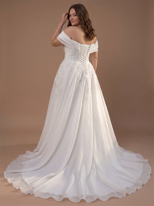 Off Shoulder Organza Prom Dress Lace Applique A Line Long Train Plus Size Formal Evening Gown