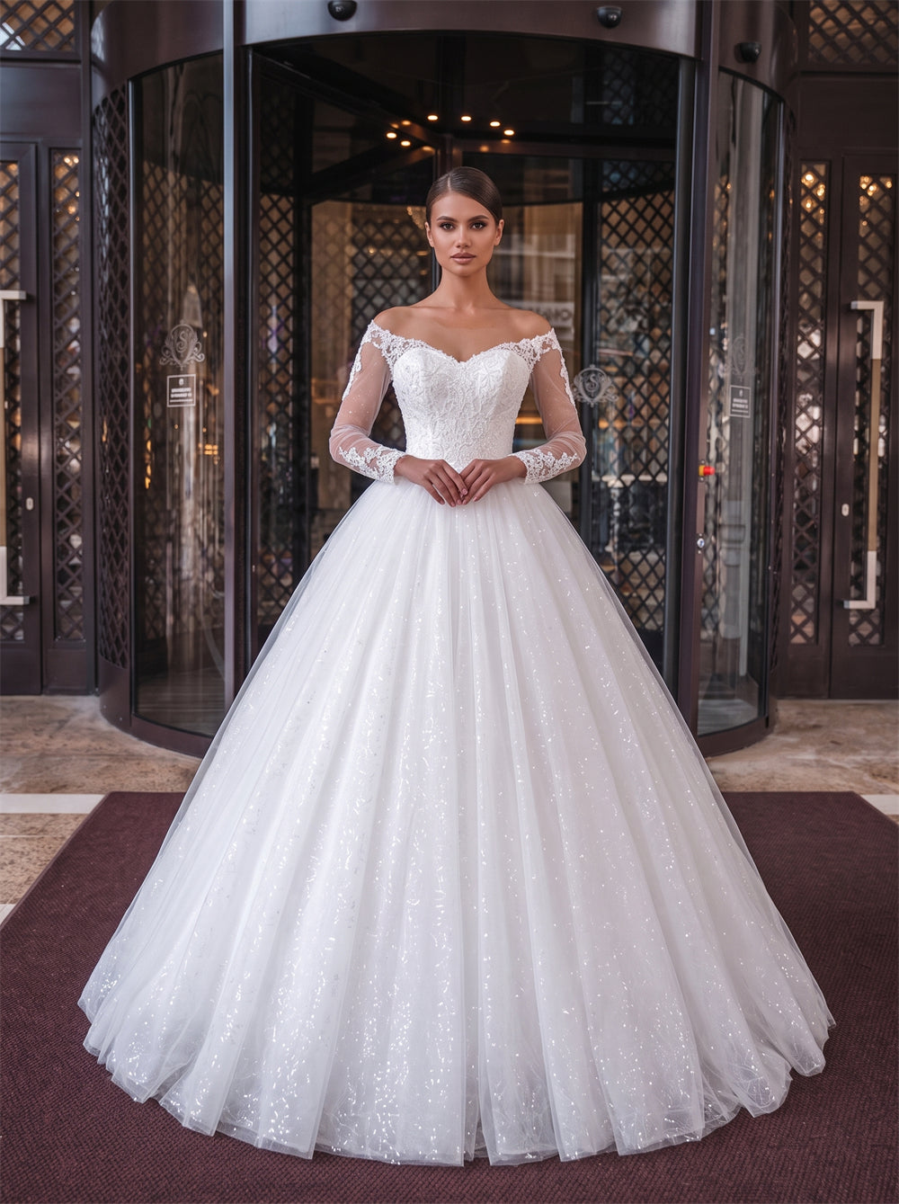 Off Shoulder Long Lace Sleeve Pearl Button Glitter Ball Gown Wedding Dress Bridal Dress