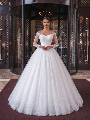 Off Shoulder Long Lace Sleeve Pearl Button Glitter Ball Gown Wedding Dress Bridal Dress