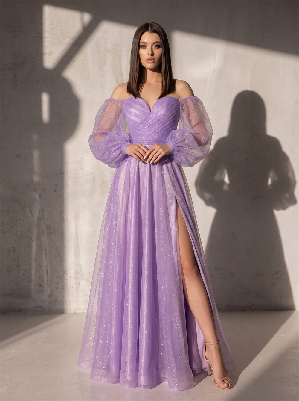Off Shoulder Puff Sleeve Lace Up Back High Slit Glitter Tulle Prom Dress Evening Dress